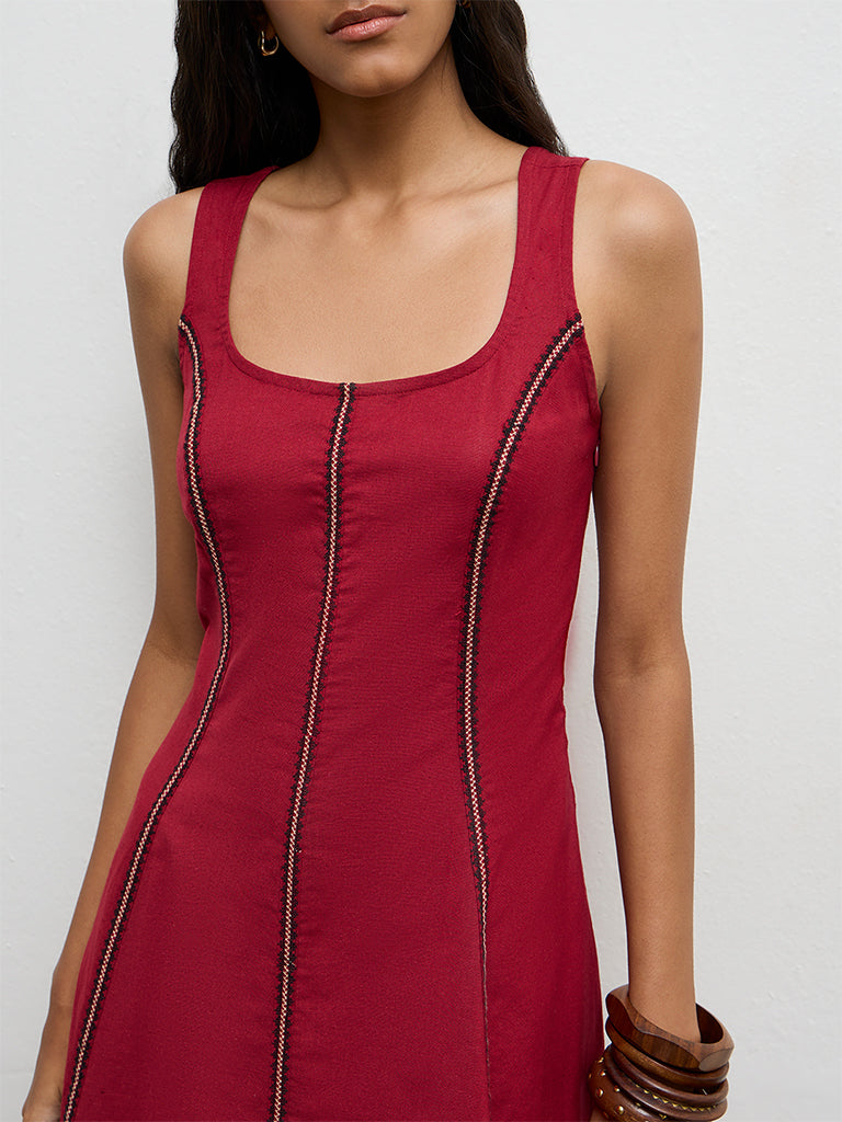 Bombay Paisley Red Embroidered Cotton-Blend A-Line Dress