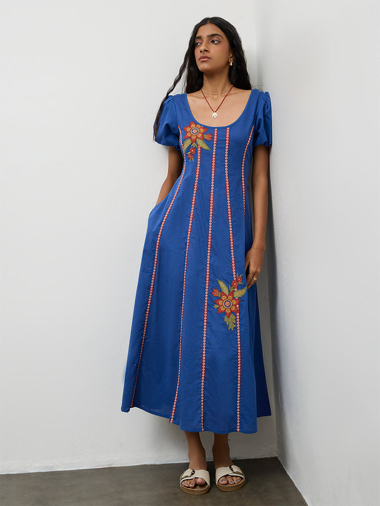 Bombay Paisley Blue Embroidered Cotton-Blend A-Line Dress
