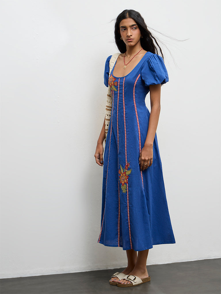 Bombay Paisley Blue Embroidered Cotton-Blend A-Line Dress