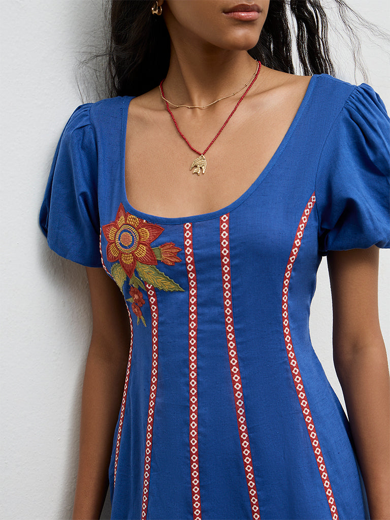 Bombay Paisley Blue Embroidered Cotton-Blend A-Line Dress