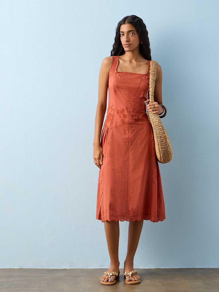 Bombay Paisley Orange Floral Embroidered Cotton A-Line Dress