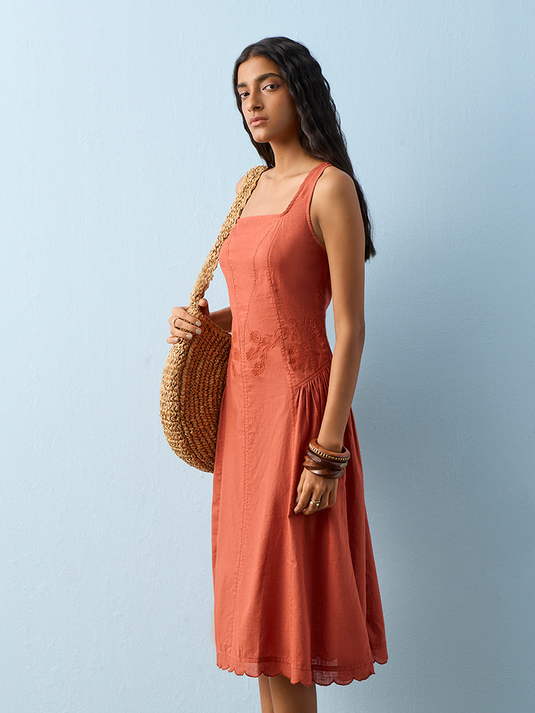 Bombay Paisley Orange Floral Embroidered Cotton A-Line Dress