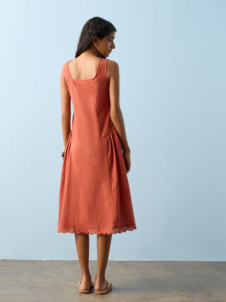 Bombay Paisley Orange Floral Embroidered Cotton A-Line Dress