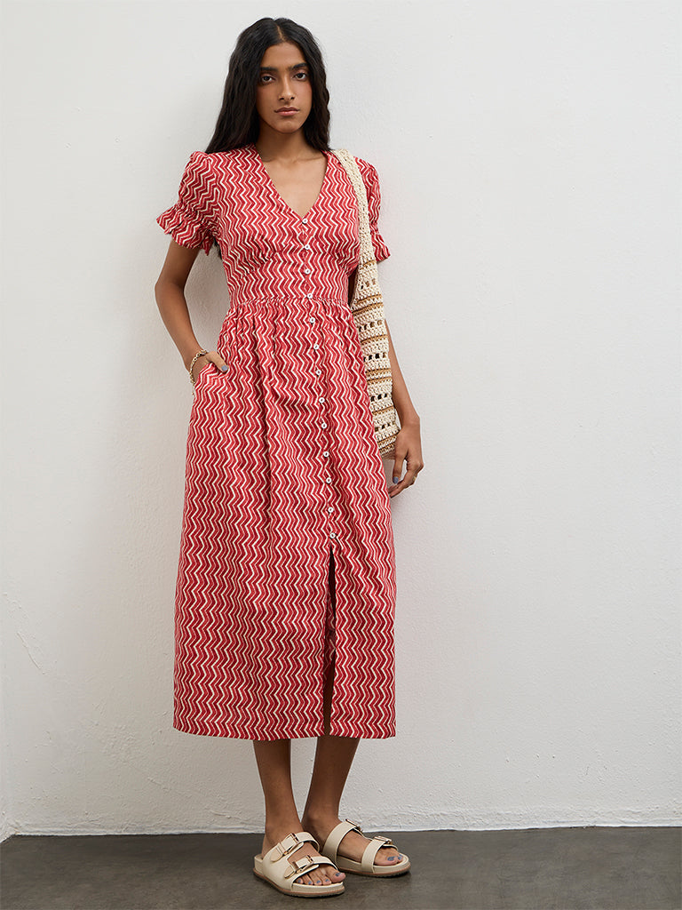 Bombay Paisley Red Chevron Printed Cotton A-Line Dress