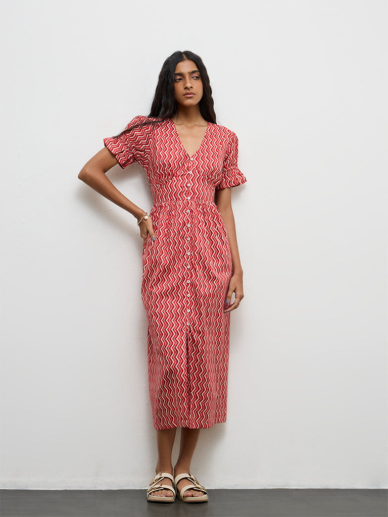 Bombay Paisley Red Chevron Printed Cotton A-Line Dress
