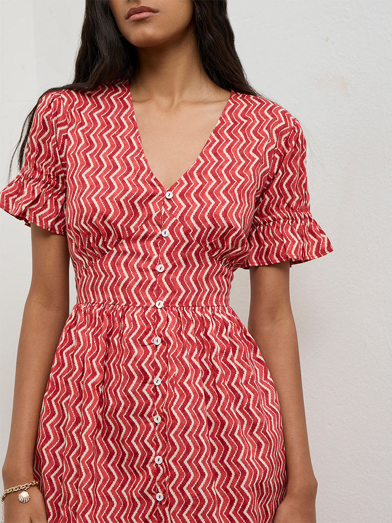 Bombay Paisley Red Chevron Printed Cotton A-Line Dress