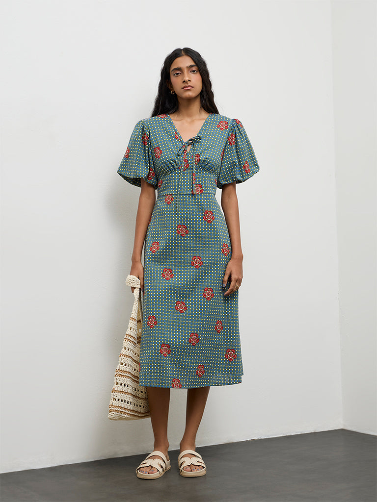 Bombay Paisley Teal Floral Printed Cotton A-Line Dress