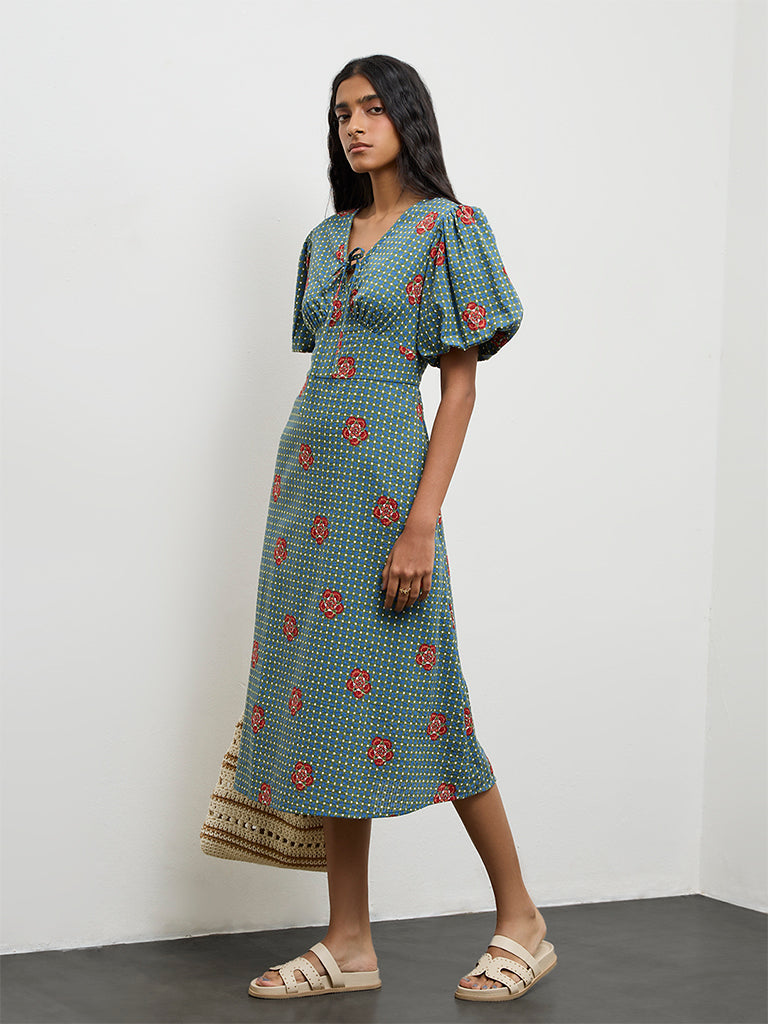 Bombay Paisley Teal Floral Printed Cotton A-Line Dress