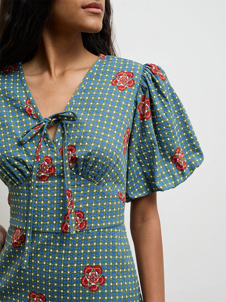 Bombay Paisley Teal Floral Printed Cotton A-Line Dress