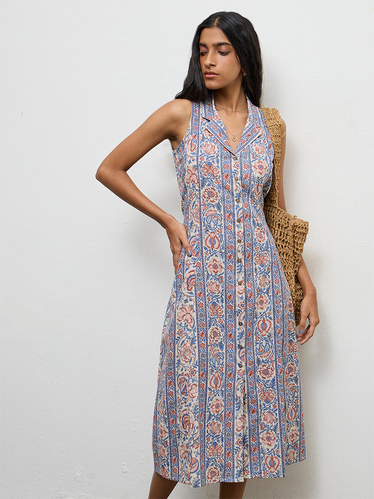 Bombay Paisley Blue Floral Printed Cotton A-Line Dress