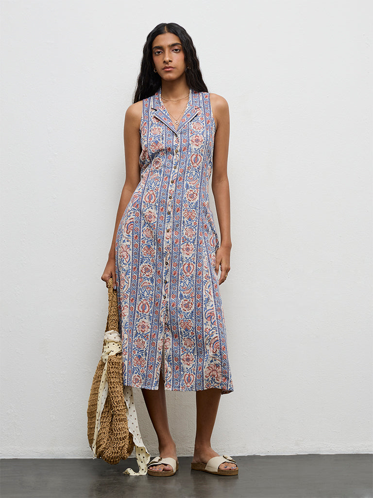 Bombay Paisley Blue Floral Printed Cotton A-Line Dress