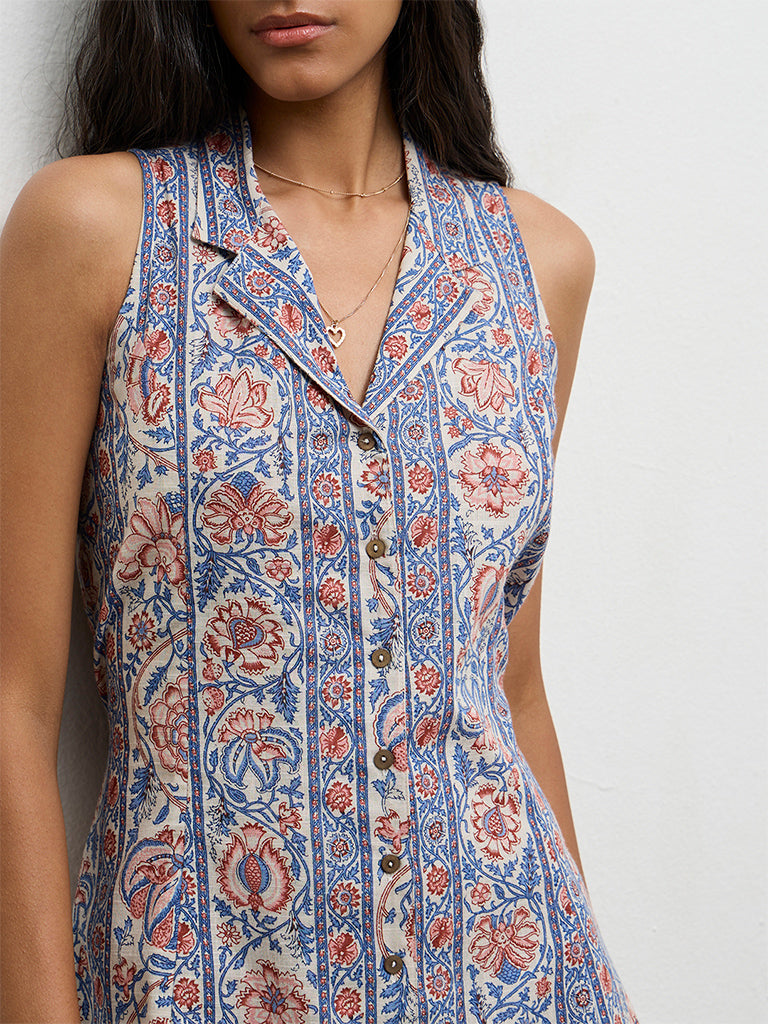 Bombay Paisley Blue Floral Printed Cotton A-Line Dress