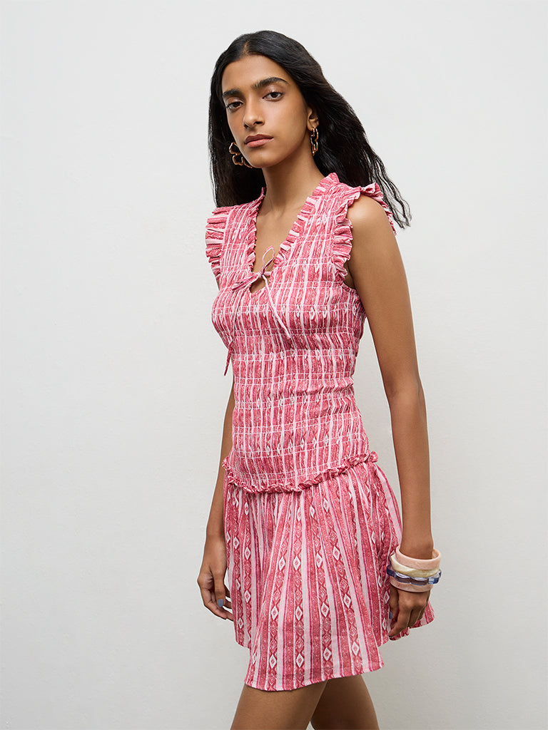 Bombay Paisley Pink Ikat Printed Smocked Cotton-Blend A-Line Dress