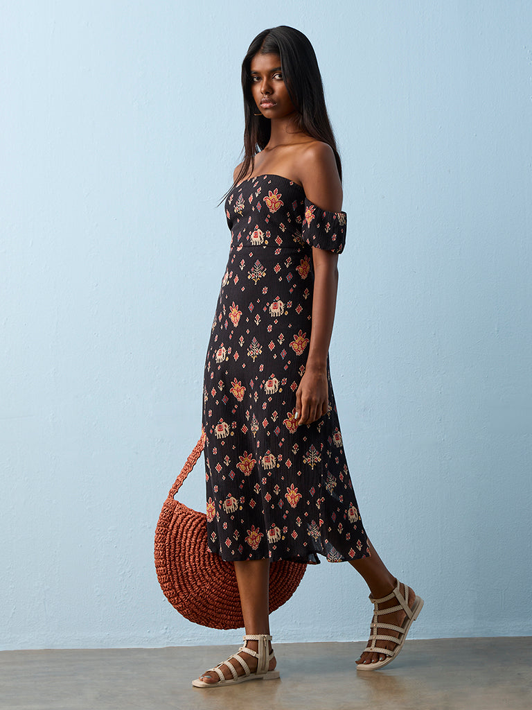 Bombay Paisley Black Ethnic-Inspired Cotton Off-Shoulder Dress