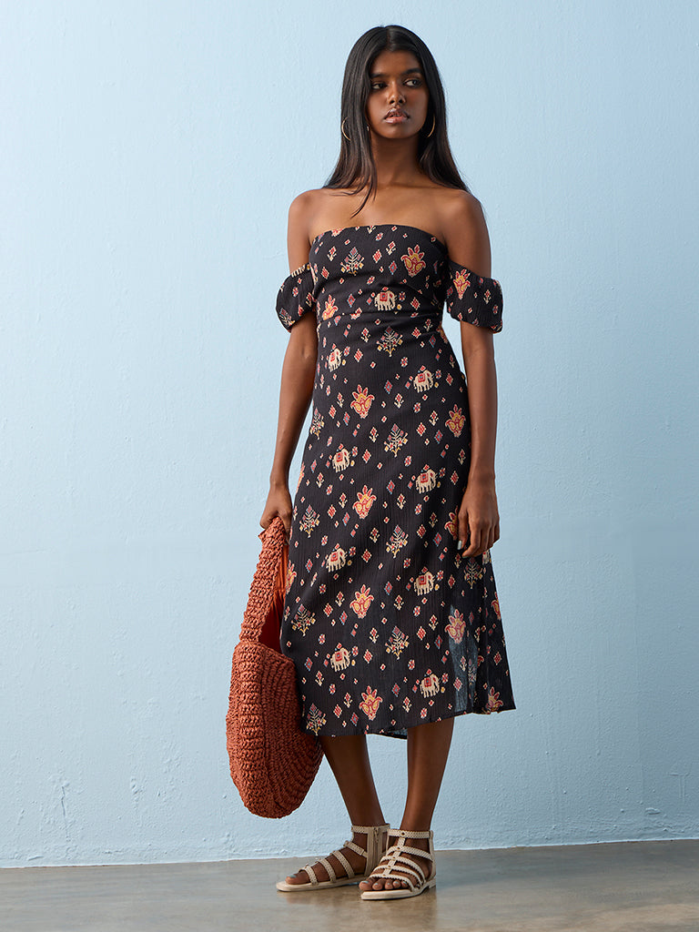 Bombay Paisley Black Ethnic-Inspired Cotton Off-Shoulder Dress