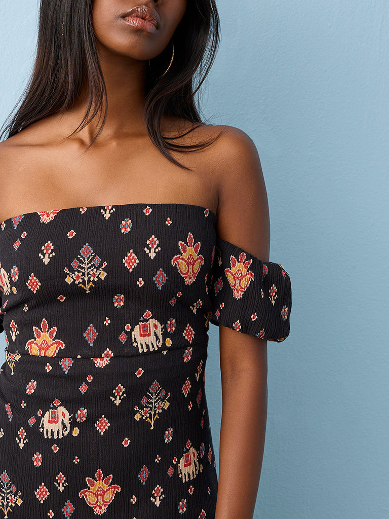 Bombay Paisley Black Ethnic-Inspired Cotton Off-Shoulder Dress