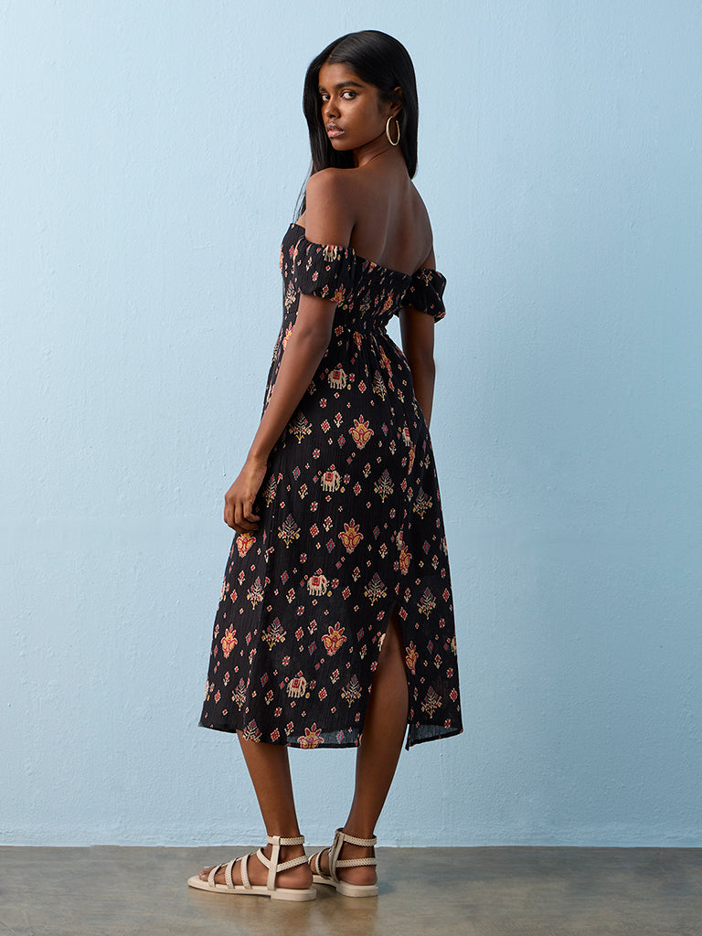 Bombay Paisley Black Ethnic-Inspired Cotton Off-Shoulder Dress