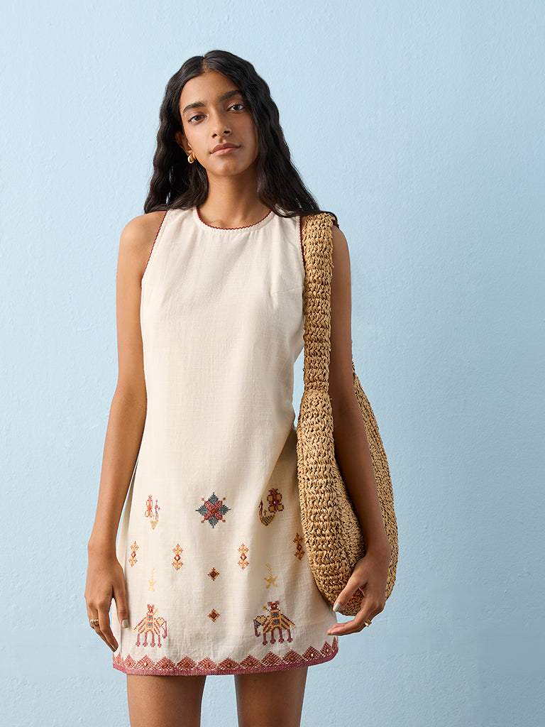 Bombay Paisley Off-White Embroidered Cotton Shift Dress