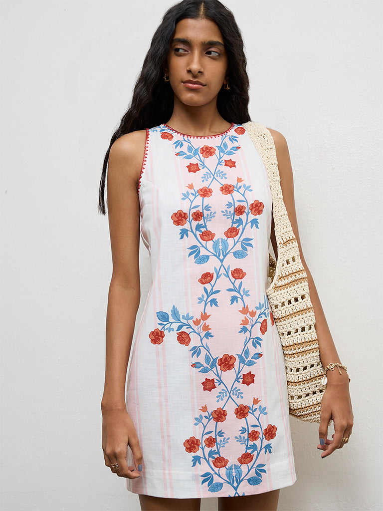 Bombay Paisley White Floral-Design Cotton Shift Dress