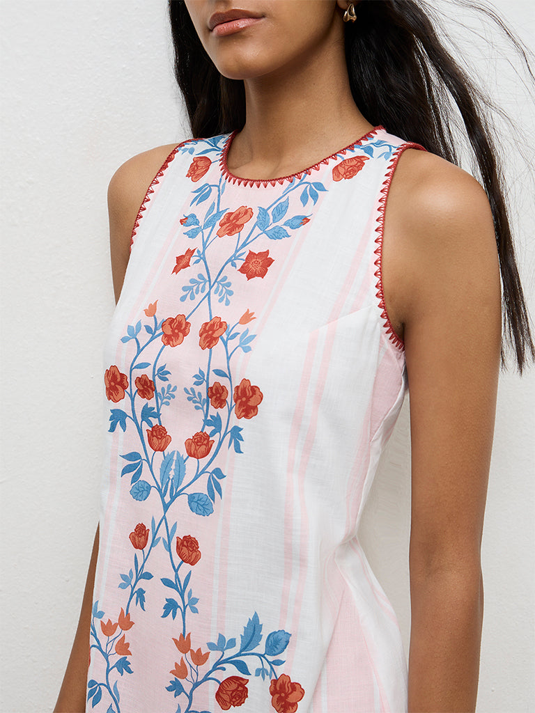 Bombay Paisley White Floral-Design Cotton Shift Dress