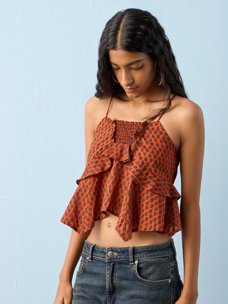 Bombay Paisley Orange Floral Design Cotton Top