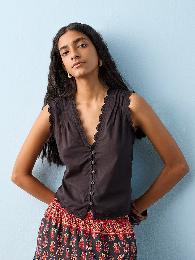 Bombay Paisley Black Solid Cotton Top