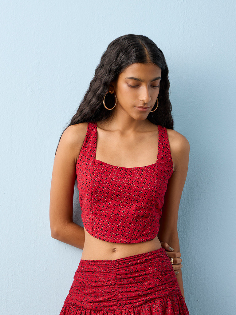 Bombay Paisley Red Printed Corset-Style Cotton-Blend Top
