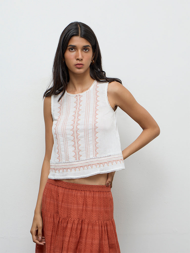 Bombay Paisley White Aztec Embroidered Cotton Top