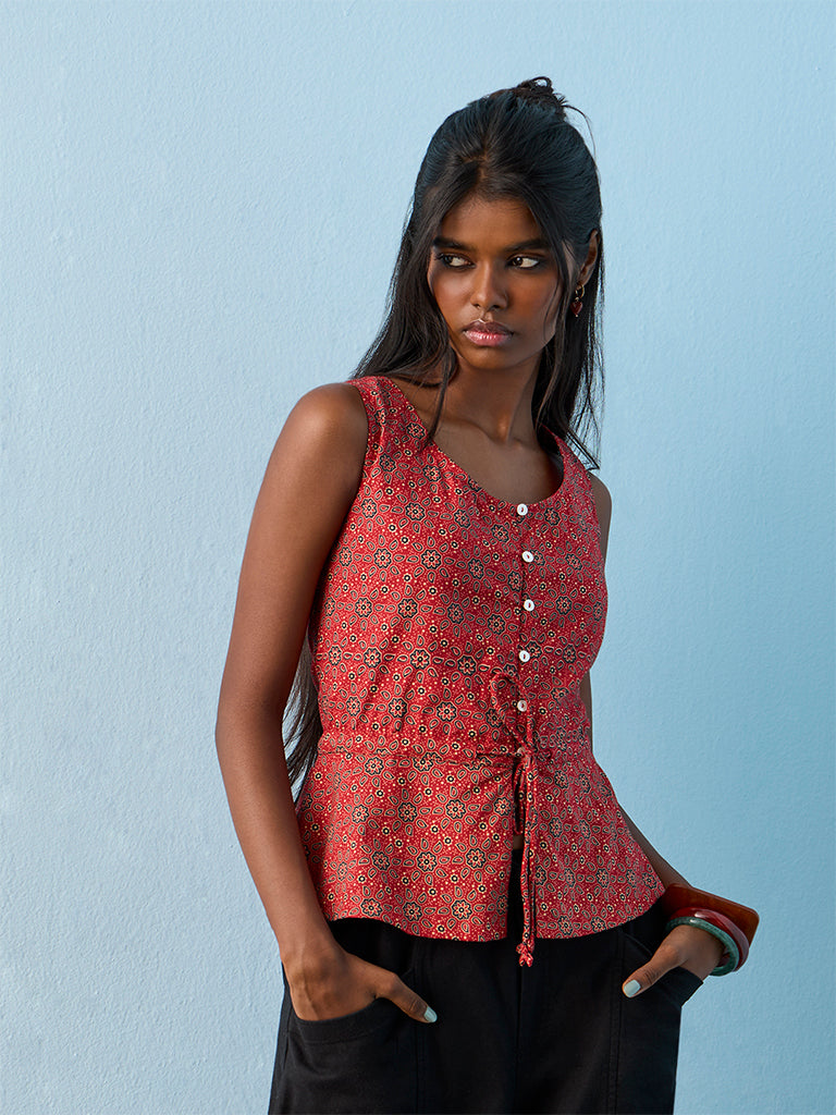 Bombay Paisley Red Floral Design Cotton Top