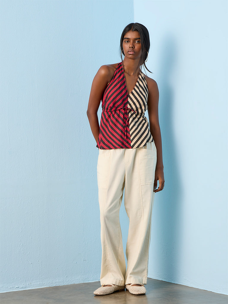 Bombay Paisley Red Striped Halter-Neck Cotton-Blend Top