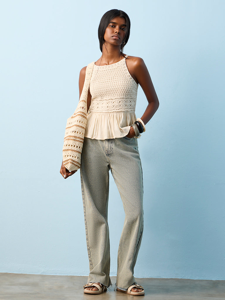 Bombay Paisley Off-White Crochet Design Cotton-Blend Peplum Top
