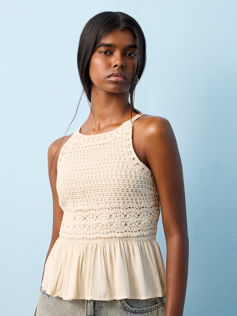 Bombay Paisley Off-White Crochet Design Cotton-Blend Peplum Top