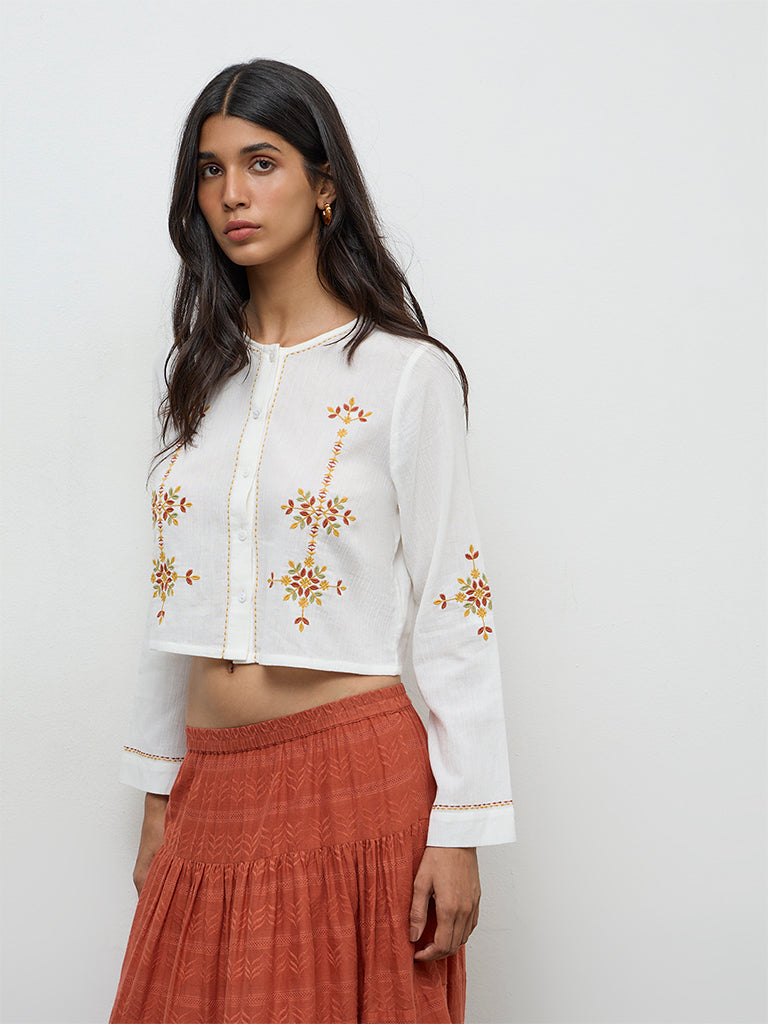 Bombay Paisley White Embroidered Cotton Blouse