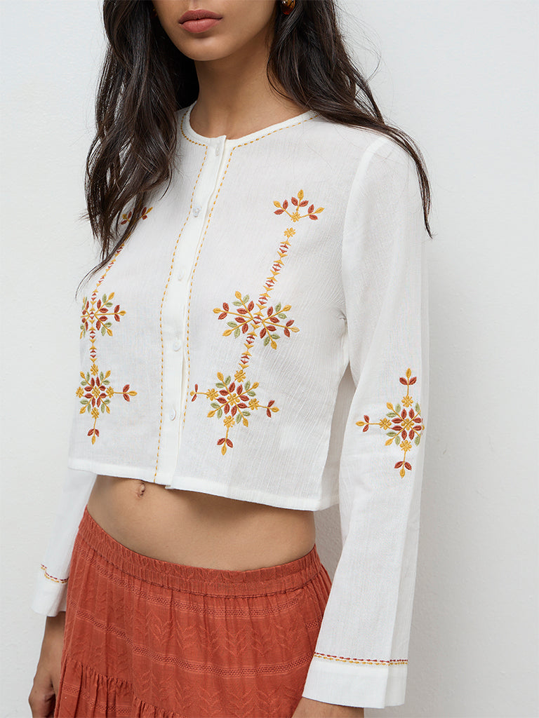 Bombay Paisley White Embroidered Cotton Blouse