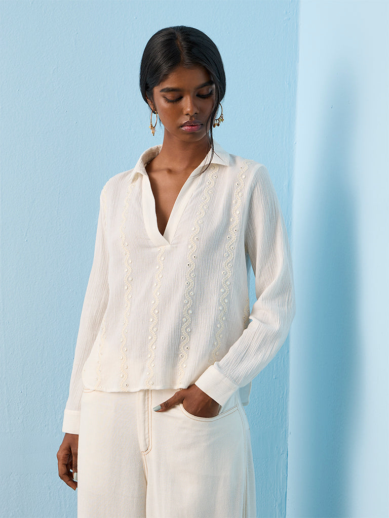 Bombay Paisley White Embroidered Cotton Blouse