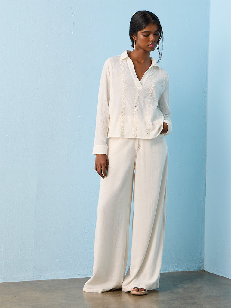 Bombay Paisley White Embroidered Cotton Blouse