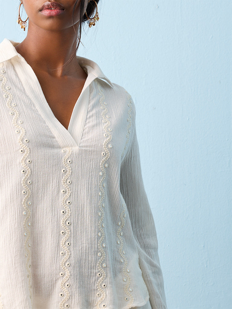 Bombay Paisley White Embroidered Cotton Blouse