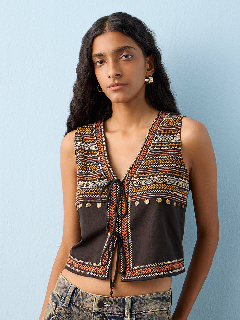 Bombay Paisley Black Embroidered Cotton-Blend Top