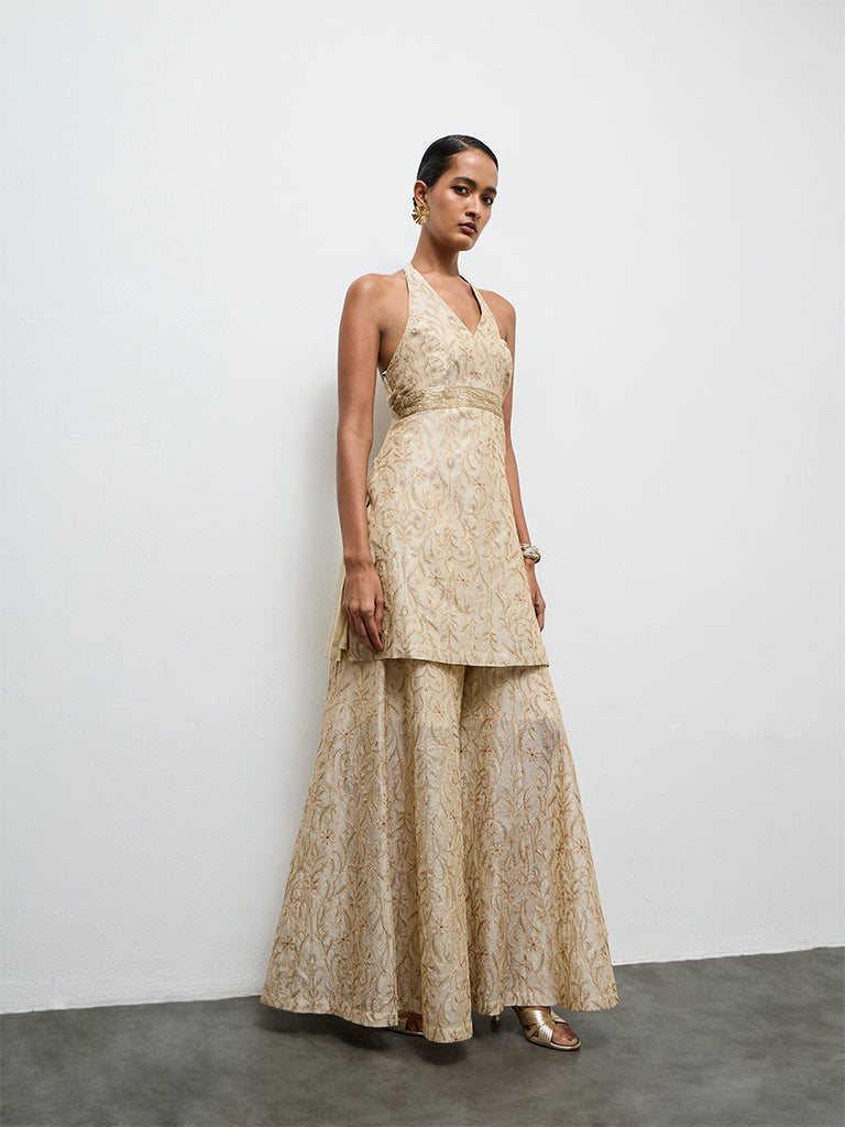 Vark Beige Embroidered A-Line Ethnic Set