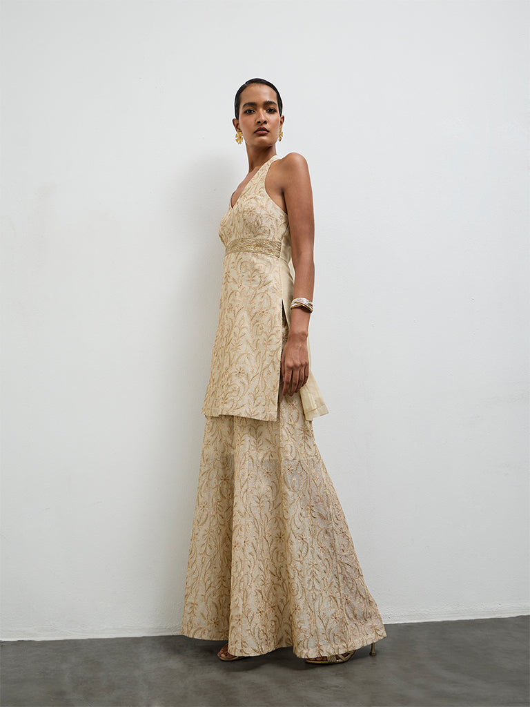 Vark Beige Embroidered A-Line Ethnic Set