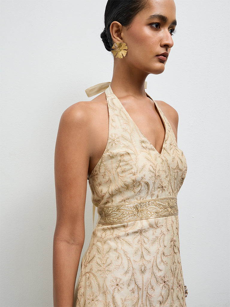 Vark Beige Embroidered A-Line Ethnic Set
