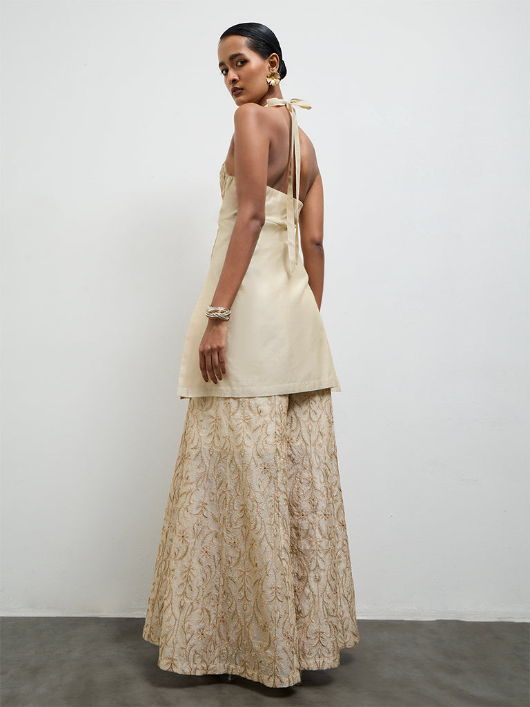 Vark Beige Embroidered A-Line Ethnic Set