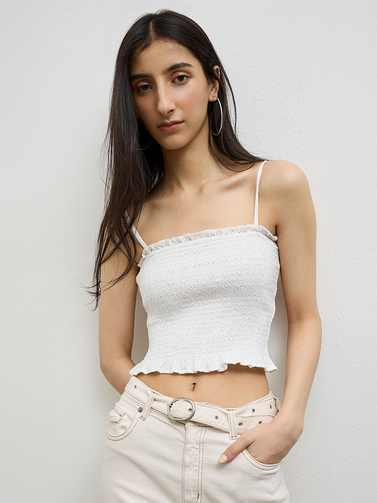 Nuon White Smocked Cotton Top