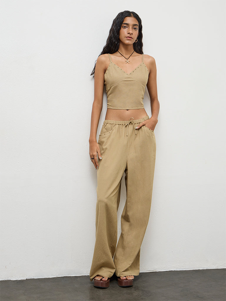 Nuon Khaki Embellished Linen Top