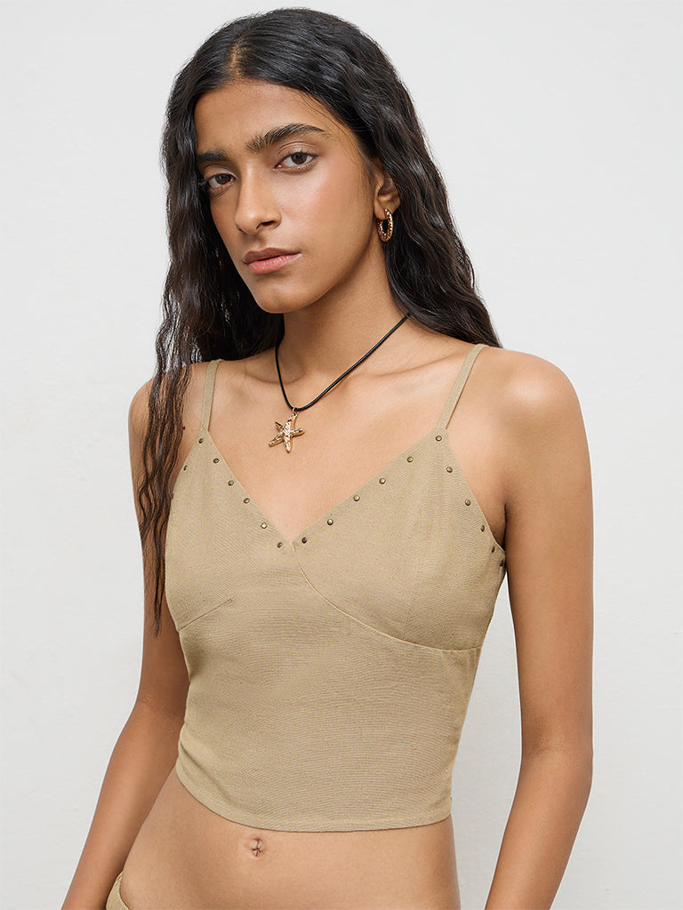Nuon Khaki Embellished Linen Top