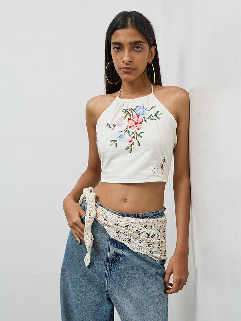 Nuon Off-White Floral Embroidered Linen Top
