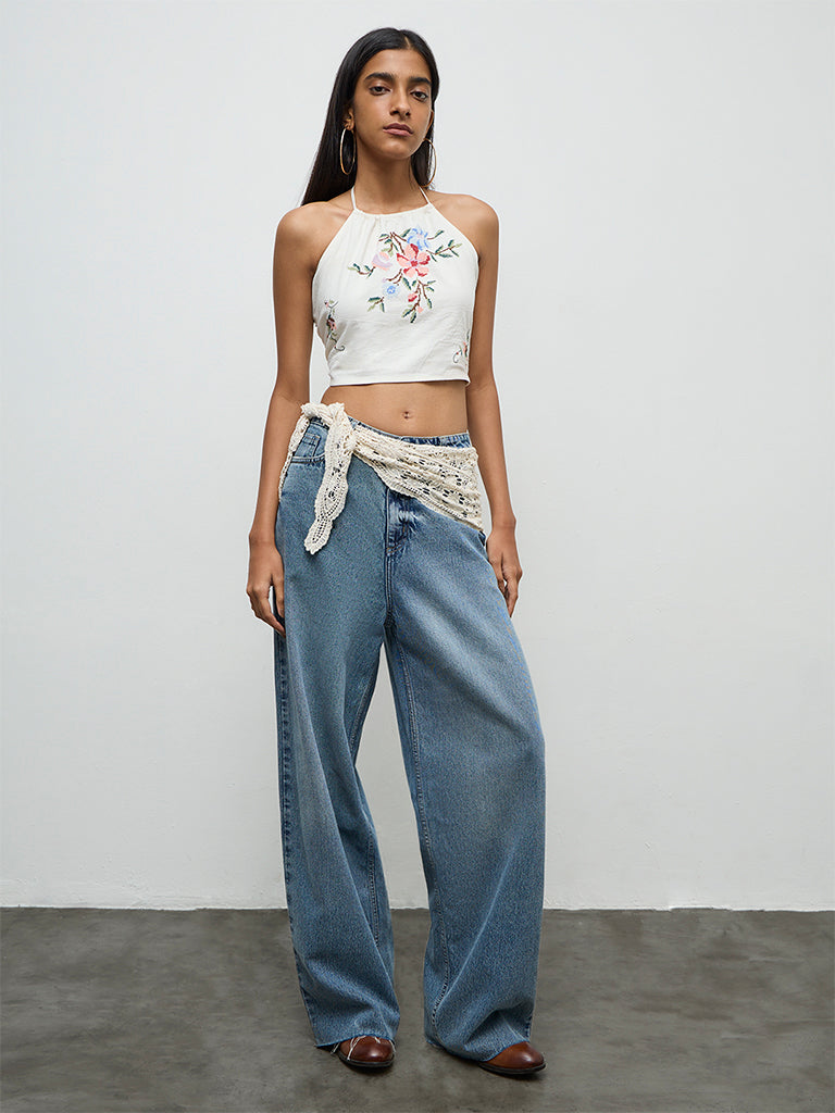 Nuon Off-White Floral Embroidered Linen Top