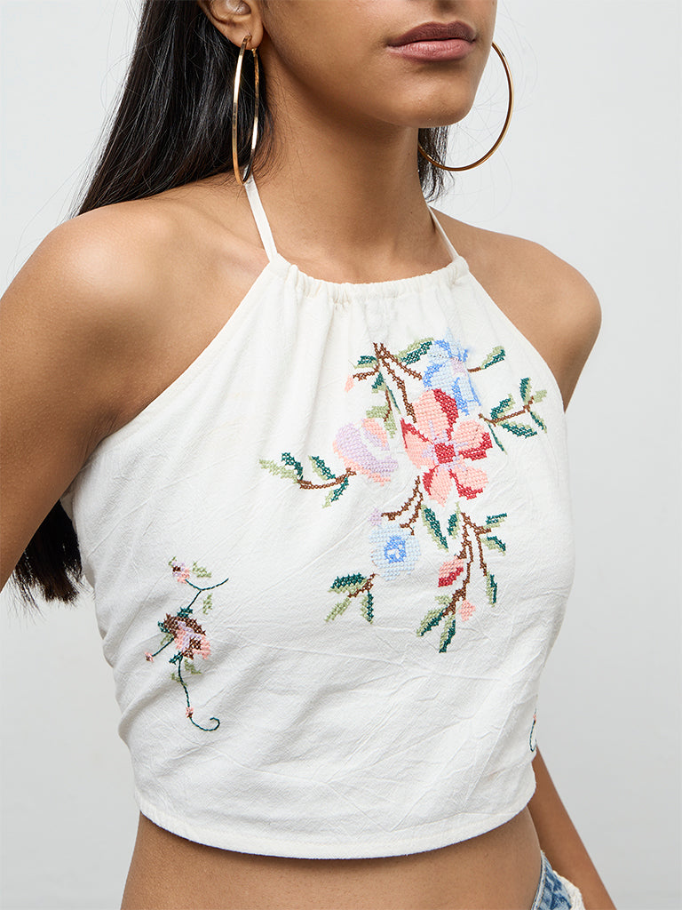 Nuon Off-White Floral Embroidered Linen Top