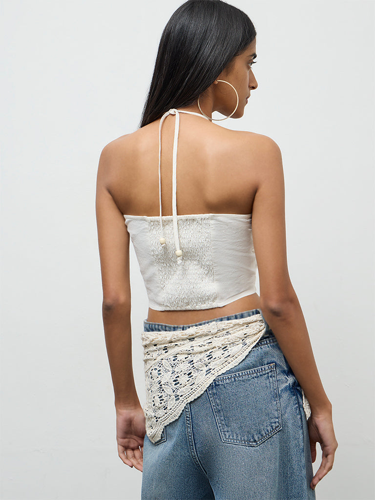 Nuon Off-White Floral Embroidered Linen Top