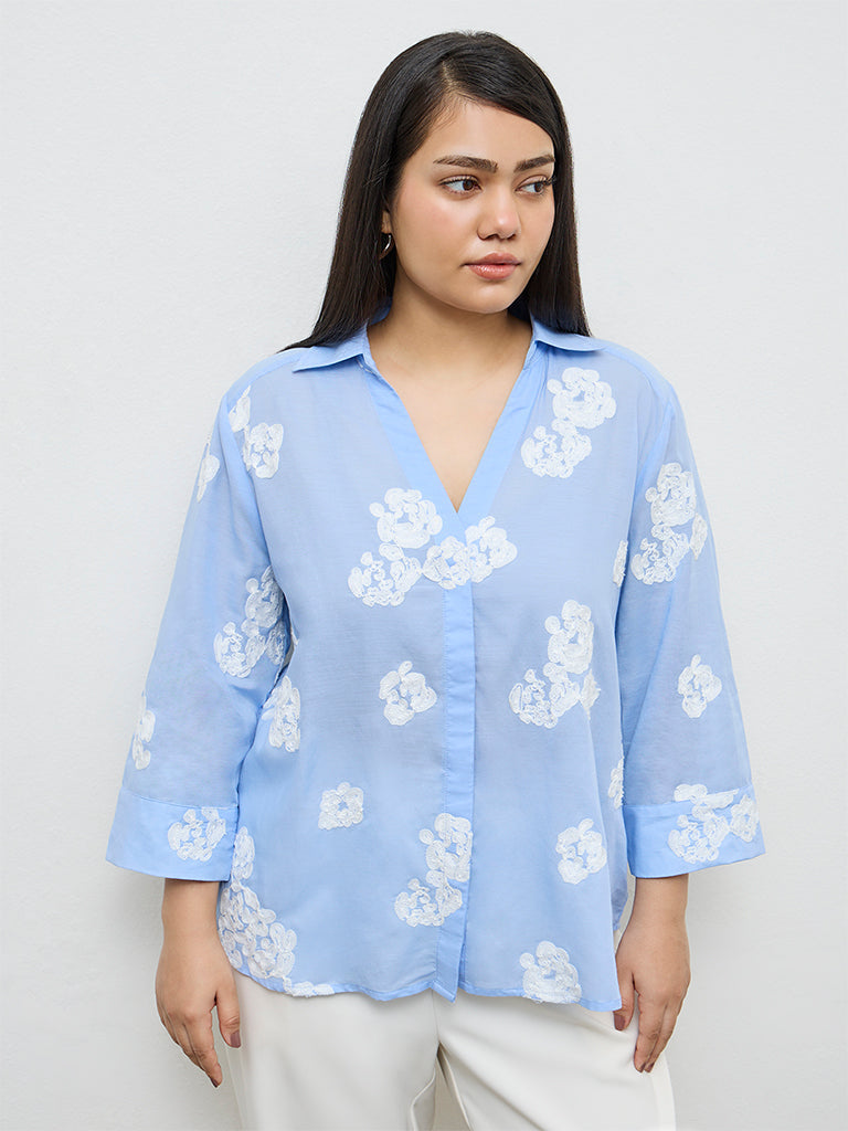 Gia Light Blue Floral Embroidered Shirt